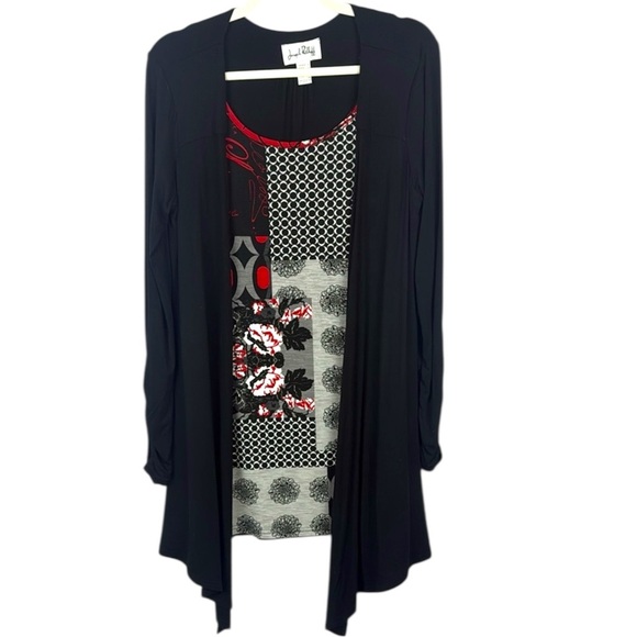 Joseph Ribkoff Elegant Black Gray Red and White Pattern Top Size 12 - Picture 1 of 11